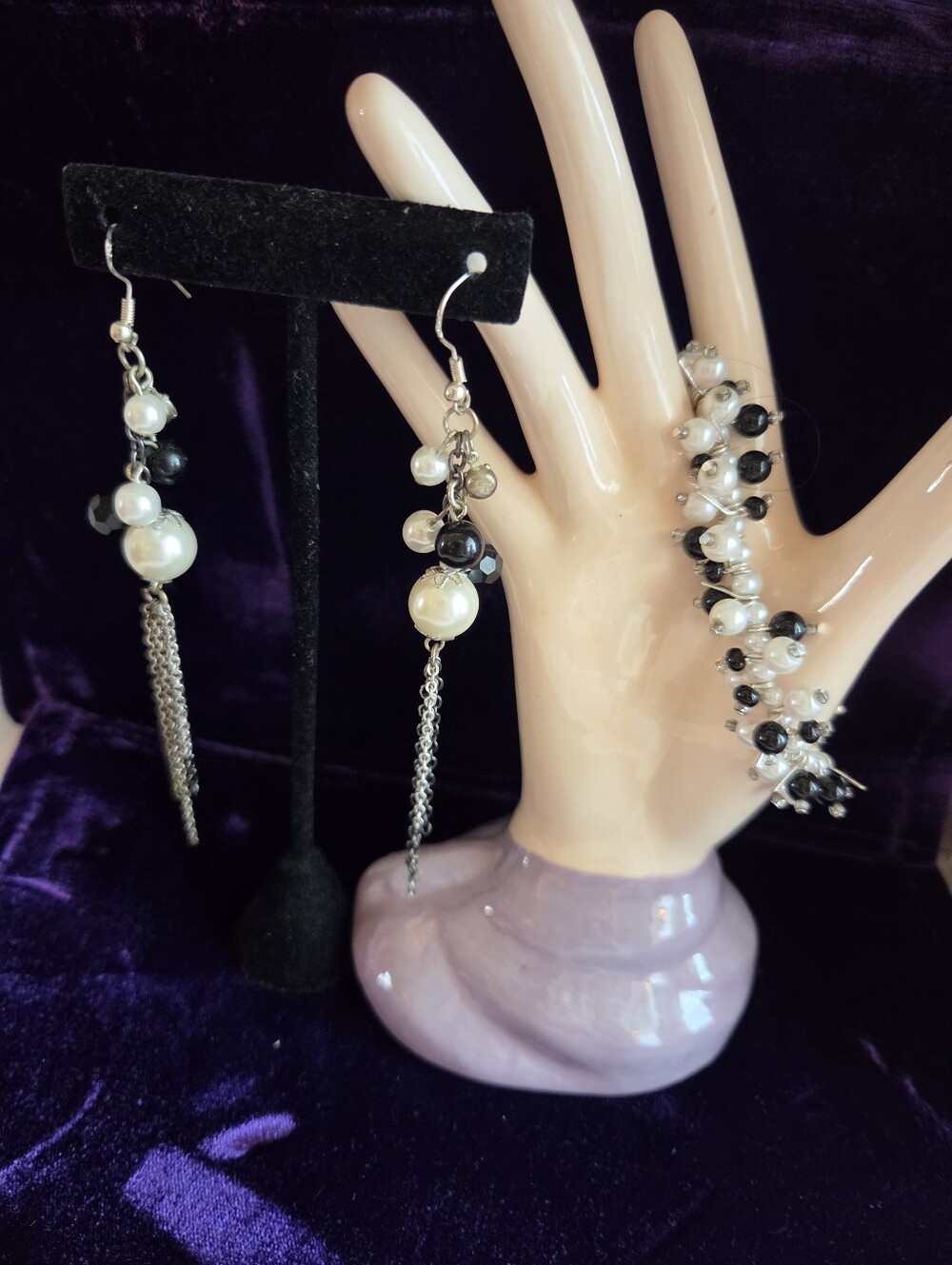 New! Handmade 4" Pearl & Black Bead Dangle Earrings and 6.5" Bracelet Set